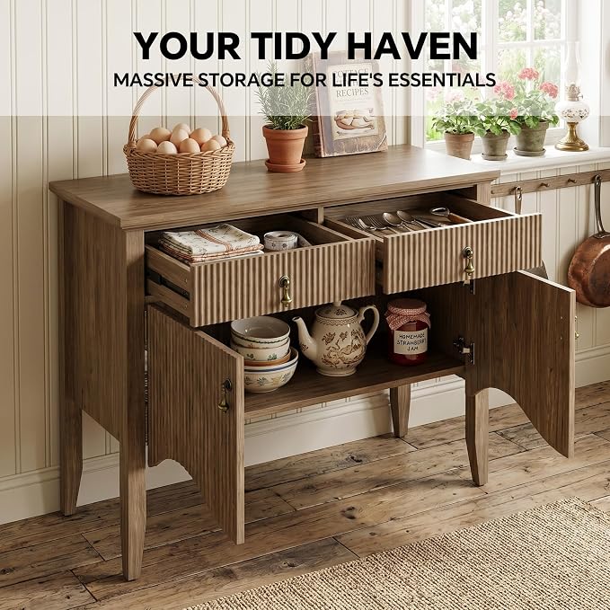 FUSUNBAO 40" Retro Buffet Cabinet with Storage, Fluted Sideboard Credenza with Drawer, Accent Bar Cabinet for Living Room Furniture, Coffee Bar or Entryway, Dining Room, Light Dak