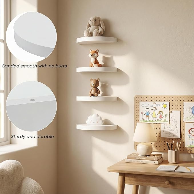 Small Wood Floating Shelves (2-Pack, 6-inch Diameter) - Round Sturdy Invisible Wall Mount Display for Small Plants,Toys,Bathroom,Living Room Storage & Modern Rustic Décor (White)