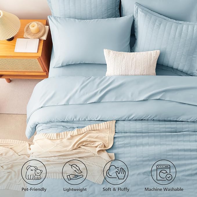 CozyLux Twin XL Comforter Set for College Dorm, 5 Pieces Light Blue Seersucker Twin Extra Long Bed in a Bag, Down Alternative Bedding Set with Comforter, Sheets, Pillowcase & Sham, Back to School Gift