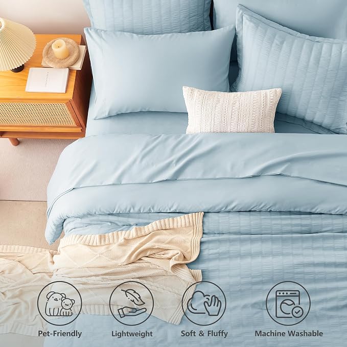 CozyLux Oversized King Comforter Set with Sheets, 7 Pieces 120"x98" Light Blue Seersucker Bed in a Bag, Luxury Soft Bedding Sets with Down Alternative Comforter, Sheets, Pillowcases & Shams, Home Gift