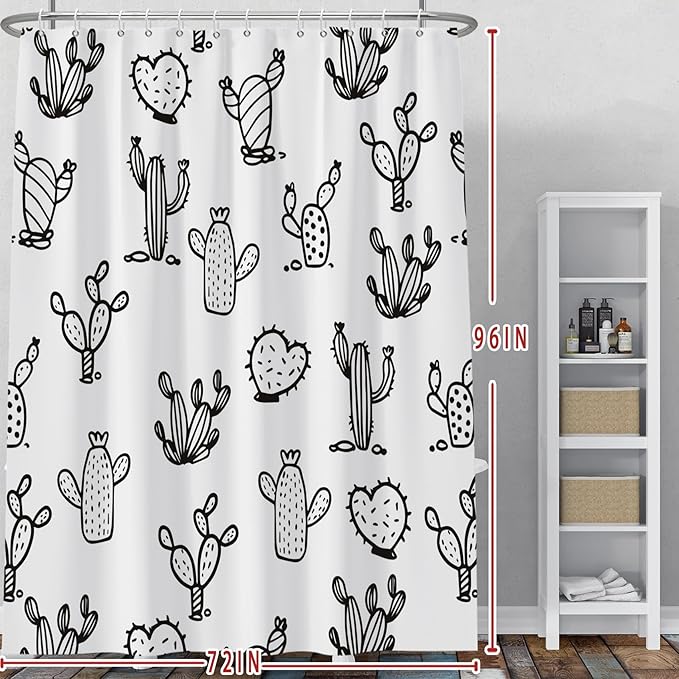 Baocicoo Cartoon Cactus Shower Curtain Tropical Plants Mexican Texas Minimalism Black and White Decorative Artistical Shower Curtains for Home Bathtubs Bath Waterproof Fabric with Hooks 72x96 Inches