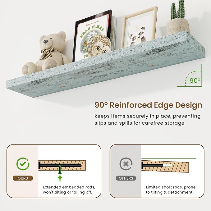 48in Floating Shelves for Wall, 48"W x 9.25"D x 1.25"H, 2 Pack Long Wall Mounted Engineered Wood Shelves with Invisible Brackets for Living Room, Bedroom, Bathroom, Kitchen Decor and Storage, Blue