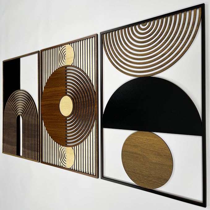 Geometric Mid Century Wood Wall Art Set, Scandinavian Boho Wooden Wall Decor, Modern Abstract Triptych Panels, Large Housewarming Gift for Living Room and Bedroom