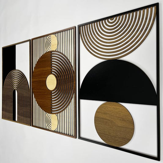 Geometric Mid Century Wood Wall Art Set, Scandinavian Boho Wooden Wall Decor, Modern Abstract Triptych Panels, Large Housewarming Gift for Living Room and Bedroom
