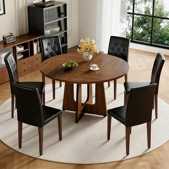 47" Round Dining Table Set for 6, Walnut Wood Grain Table and 6 Black PU Leather Upholstered Chairs Set, Mid Century Modern Kitchen Table Set with Cross Legs