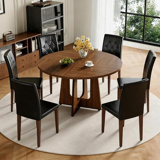 47" Round Dining Table Set for 6, Walnut Wood Grain Table and 6 Black PU Leather Upholstered Chairs Set, Mid Century Modern Kitchen Table Set with Cross Legs