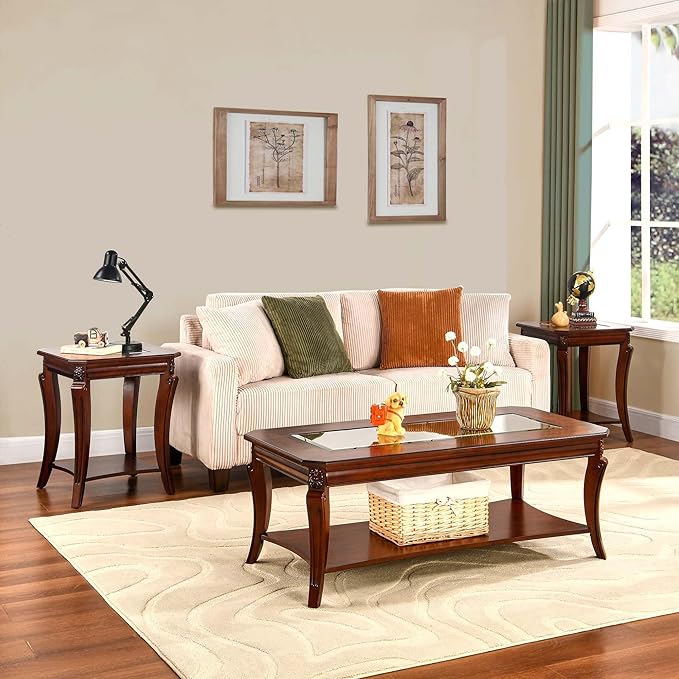 Solid Wood Side Table with Storage Shelf, 2-Tier Square End Tables Living Room, Traditional Style End Table, Vintage Beside Table with Curved Legs and Glass Tabletop, Cherry Walnut Accent Table GT