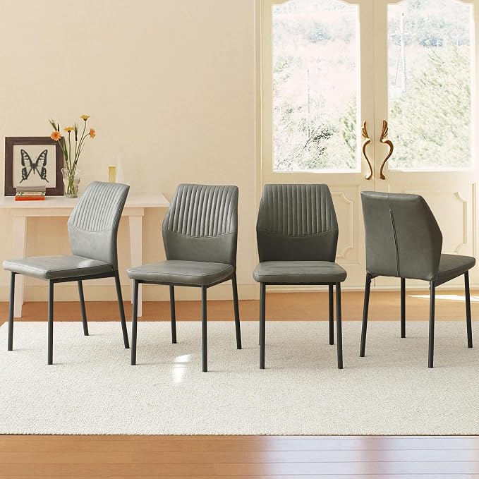 Dining Chairs Set of 4, PU Leather Dining Room Chairs, Comfortable Upholstered Kitchen Chair with Black Metal Legs for Living Room, Dining Room, Dark Grey