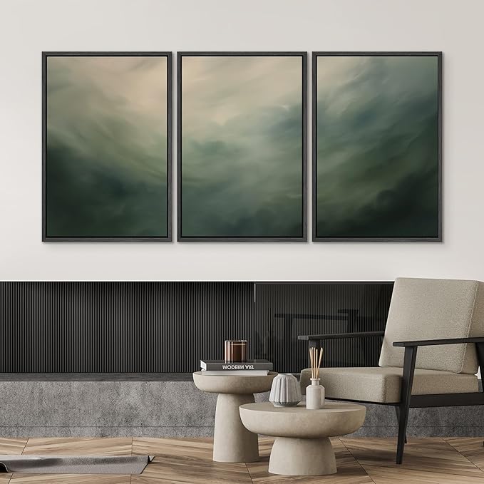 SIGNWIN Framed Canvas Print Wall Art Set Green Abstract Cloudy Landscape Illustrations Modern Art Decorative Boho Relax/Zen Nordic for Living Room, Bedroom, Office - 24"x36"x3 Black