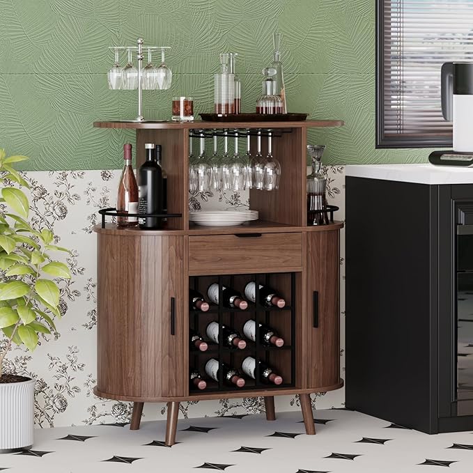Wine Bar Storage Cabinet, Coffee bar Cabinet for Liquor with Open Wine Rack & Sliding Doors, Modern Home Bar for Living Room, Kitchen, Dining Room (Walnut)
