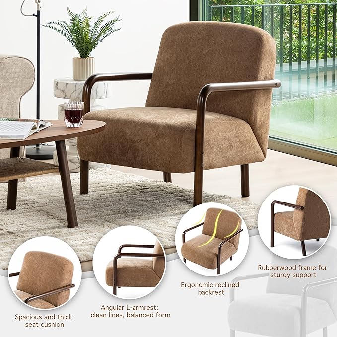 Glitzhome Accent Chair Set of 2, Mid-Century Modern Living Room Chairs with Extra-Cushioned Fabric & Walnut Rubber Wood Frame, Comfy Armhairs for Living Room/Bedroom/Reading Room/Office