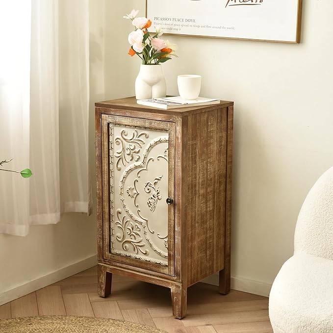 eHemco Vintage Florentine End Table with Floral Door Panel, 16.5 x 14 x 31 Inches, Indoor Storage Cabinet, Natural and Cream Finish