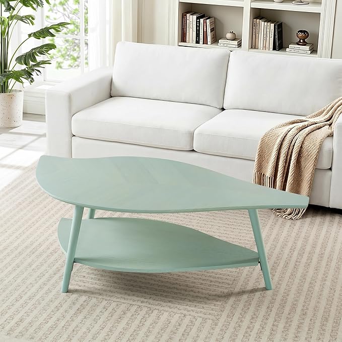 Small Coffee Table with Storage,Unique Leaf Handcrafted Marquetry,Mid Century Modern Oval Wooden Coffee Table,Natural Oak Veneer,Solid Wood Legs,for Living Room,Apartment(Sage Green)