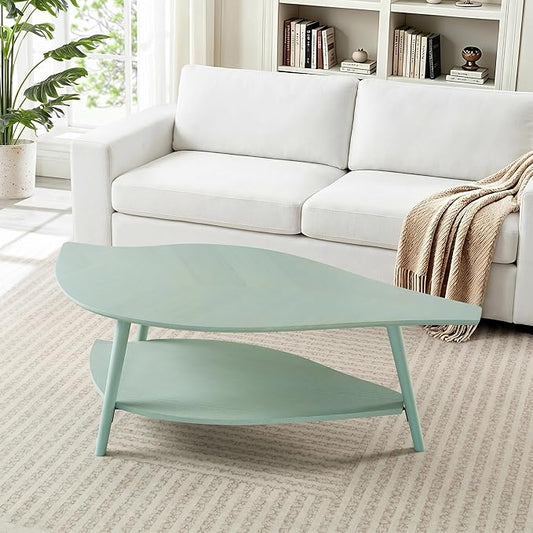 Small Coffee Table with Storage,Unique Leaf Handcrafted Marquetry,Mid Century Modern Oval Wooden Coffee Table,Natural Oak Veneer,Solid Wood Legs,for Living Room,Apartment(Sage Green)