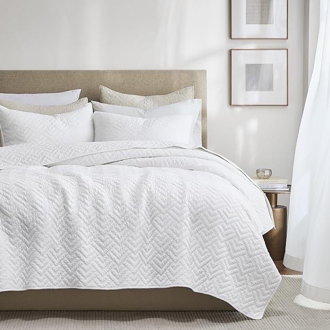 palassio White 100% Cotton Quilt King Size Bedding Sets with 2 Pillow Shams, Lightweight Textured Farmhouse Country Bedspread Soft Shabby Chic Patterned Coverlet for All Season, 3 Pieces
