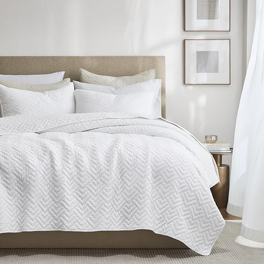 palassio White 100% Cotton Quilt Twin Size Bedding Sets with 1 Pillow Sham, Lightweight Textured Farmhouse Country Bedspread Soft Shabby Chic Patterned Coverlet for All Season, 2 Pieces