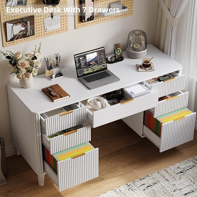 55.1" Fluted Executive Desk with Drawers, White Desk with Storage Cabinet, Home Office Desk with Charging Station, Farmhouse Desk with File Cabinet for Office Home