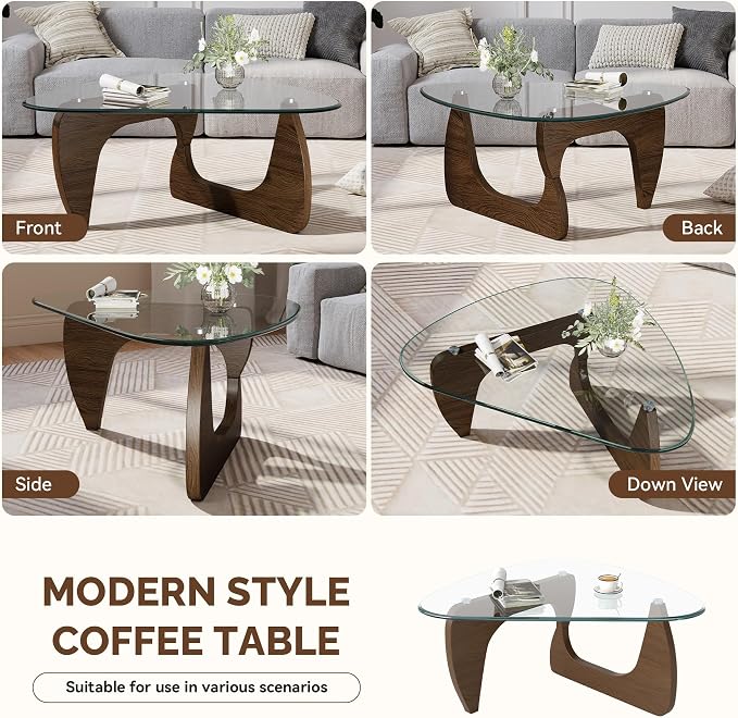 Modern Glass Coffee Table, Triangle Center Table with Tempered Glass Top& Unique Wooden Base, 42.5” Mid Century Tea Tables for Living Room, Apartment, Office,Walnut &Transparent
