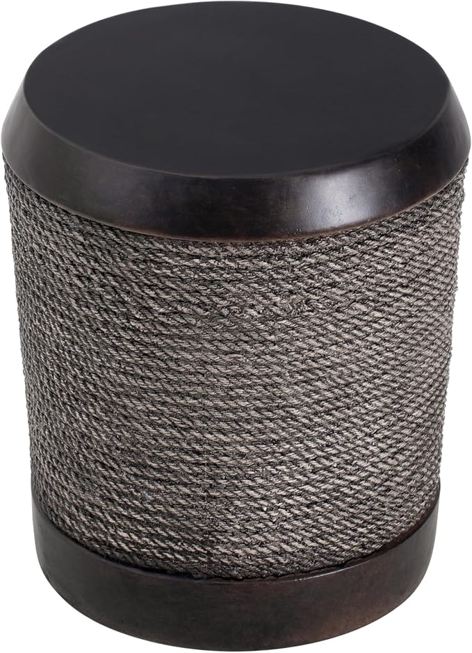 ø15.75'' Faux Concrete Cement Round Side Table End Table, Modern Contemporary Minimalist Retro Style, MGO Material for Indoor & Outdoor, No Assembly, Simulated Braided Cord, Dark Brown