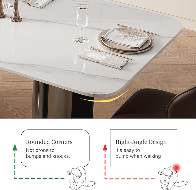 Modern Sintered Stone White Dining Table for 4-6 with Stainless Steel & Wood Legs, 63 Inch Glossy Kitchen Table, Easy Assembly Rectangular Dining Room Table (Table Only)