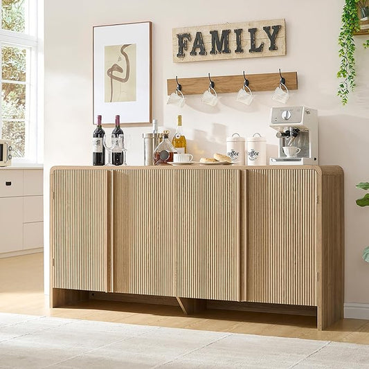 AMERLIFE 63" Fluted Sideboard Buffet Cabinet with Storage, Modern Credenza Console with 4 Doors & Adjustable Shelves, Wood Coffee Bar for Kitchen, Living Room, Hallway, Natural Oak