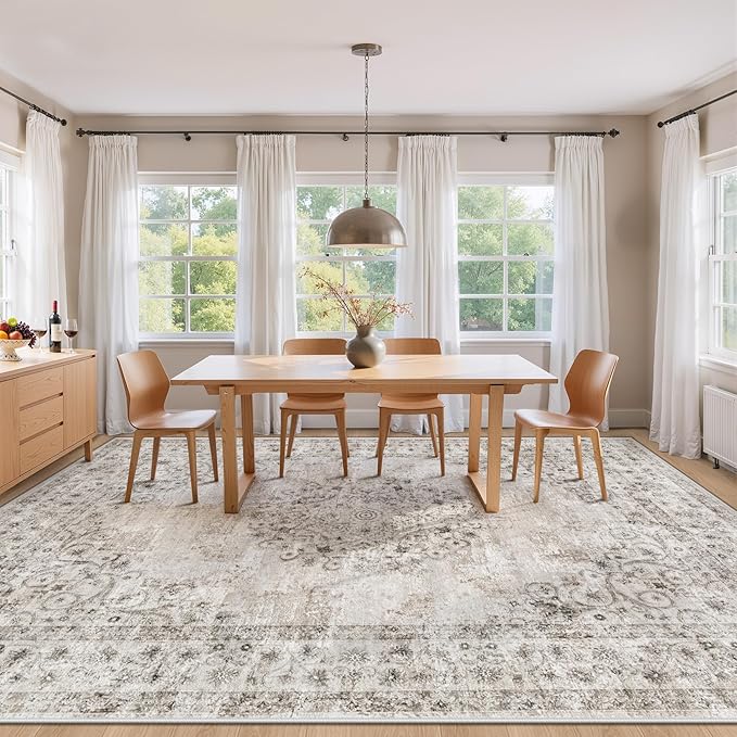 Area Rug 8x10 Vintage Rug: Large Washable Indoor Medallion Rugs Low Pile Distressed Floor Carpet Retro Accent Rug for Living Room Bedroom Kitchen Dining Table Home Office(Distressed Taupe, 8'x10')