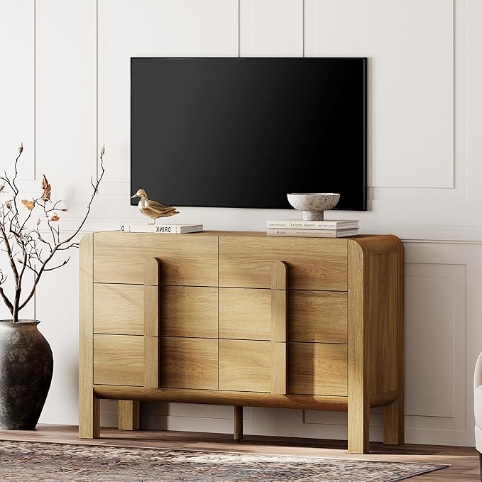 WAMPAT 47.2" W Buffet Cabinet with 6 Drawers, Modern Sideboard Buffet Cabinet with Storage, Buffet Table Coffee Bar Wine Bar Storage Cabinet for Dining Room, Living Room, Hallway, Light Walnut