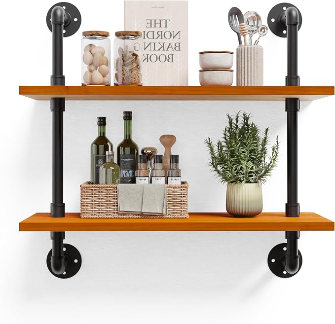 HDDFER Bathroom Floating Shelves for Wall - Industrial Pipe Shelving Shelves Wall Mounted Shelf Over Toilet 24" Farmhouse Home Decor Display Bookshelf Set of 2,Oak