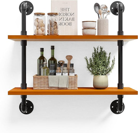 HDDFER Bathroom Floating Shelves for Wall - Industrial Pipe Shelving Shelves Wall Mounted Shelf Over Toilet 24" Farmhouse Home Decor Display Bookshelf Set of 2,Oak