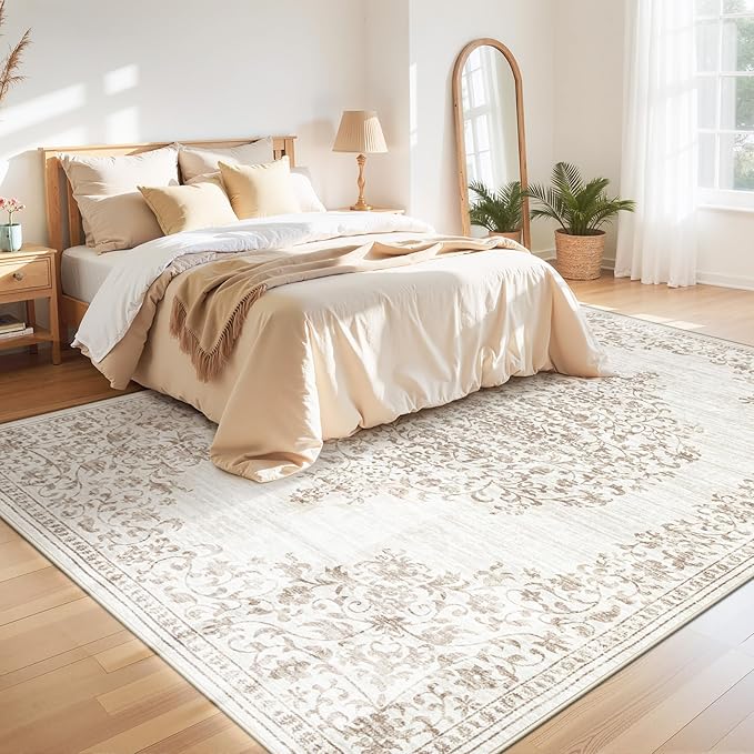 Area Rug 8x10 Vintage Rug: Large Washable Indoor Medallion Rugs Low Pile Distressed Floor Carpet Retro Accent Rug for Living Room Bedroom Kitchen Dining Table Home Office(Vintage Beige, 8'x10')