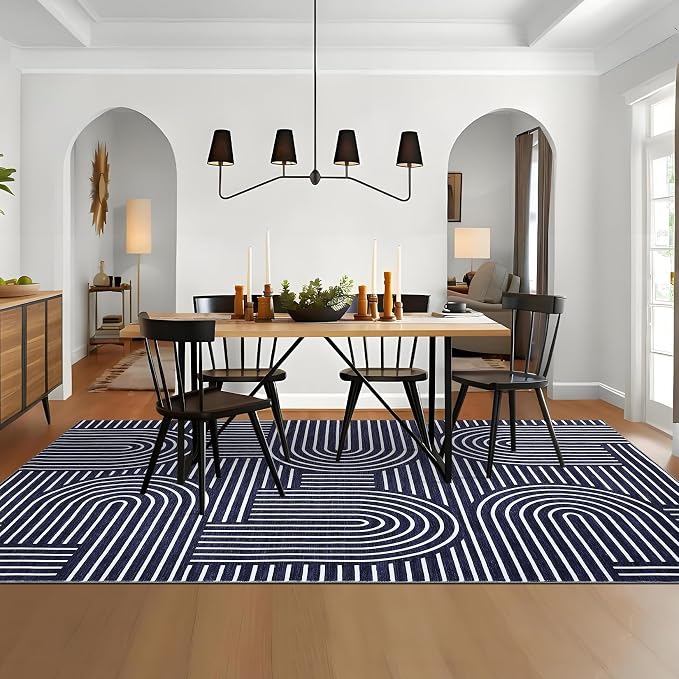Area Rug 8x10 Washable Modern Geometric Lines Rug Low Pile Soft Bedroom Carpet Non Slip Non Shed Living Room Accent Carpets Ultra-Thin Foldable Boho Carpet for Playroom Farmhouse Dining, Blue