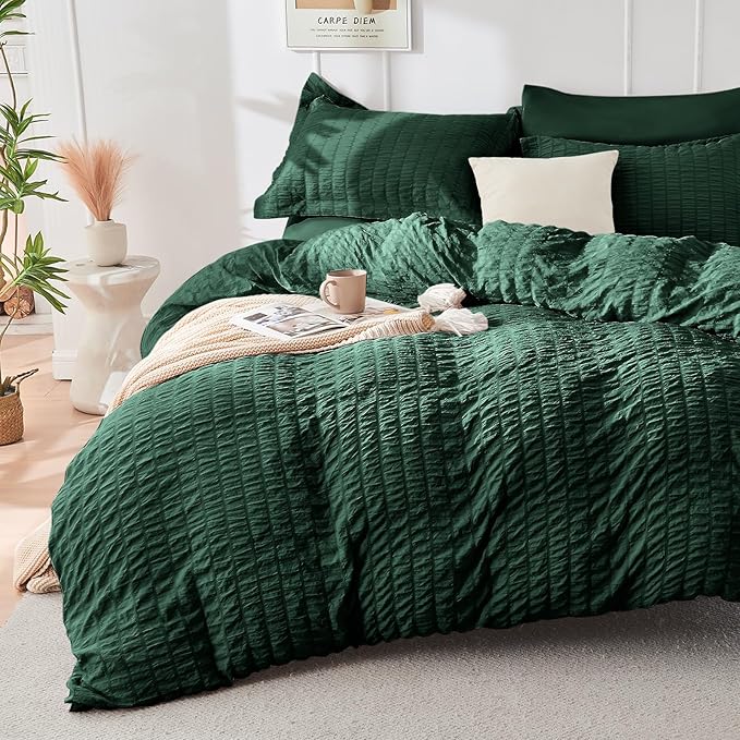 HYMOKEGE Emerald Green Twin Comforter Set Seersucker 5 Pieces, All Season Luxury Bed in a Bag for Bedroom, Bedding Set with Comforter, Sheets, Pillowcase & Sham