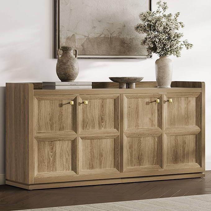 SICOTAS 4-Door Buffet Cabinet, 61.7" Wide Extra Long Sideboard with 2 Separate Bays & Adjustable Shelves, Modern Credenza Storage Cabinet with Gold Handles for Kitchen Living Room, Brown Oak, 1 PCS