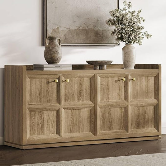 SICOTAS 4-Door Buffet Cabinet, 61.7" Wide Extra Long Sideboard with 2 Separate Bays & Adjustable Shelves, Modern Credenza Storage Cabinet with Gold Handles for Kitchen Living Room, Brown Oak, 1 PCS