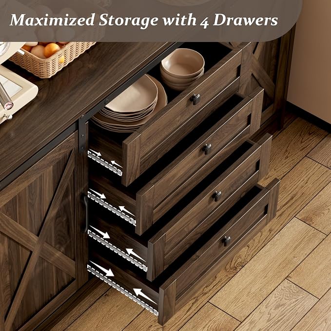 Luoxiao 55" Farmhouse Sideboard Buffet Cabinet with Storage, Sliding Barn Door Coffee Bar Cabinet with 4 Drawers and Adjustable Shelves, Wood Kitchen Credenza for Dining Room, Living Room, Dark Oak