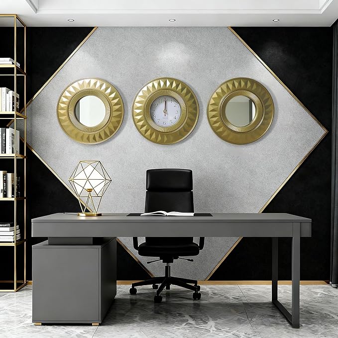 3 Pcs Gold Retro Sunburst Wall Decor Set, 9.8 Inch Round Clock & 2 Mirrors Wall Art, Vintage Sunburst Style Decor for Living Room Bedroom Bathroom, Lightweight & Easy to Install