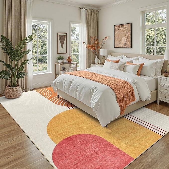 DCX Abstract Machine Washable 9x12 Rug, Mid Century Modern Rug for Living Room, Soft Low Pile Non Slip Carpet, Kid & Pet Friendly Stain Resistant Rug for Bedroom Dining Room Office, Orange & Yellow