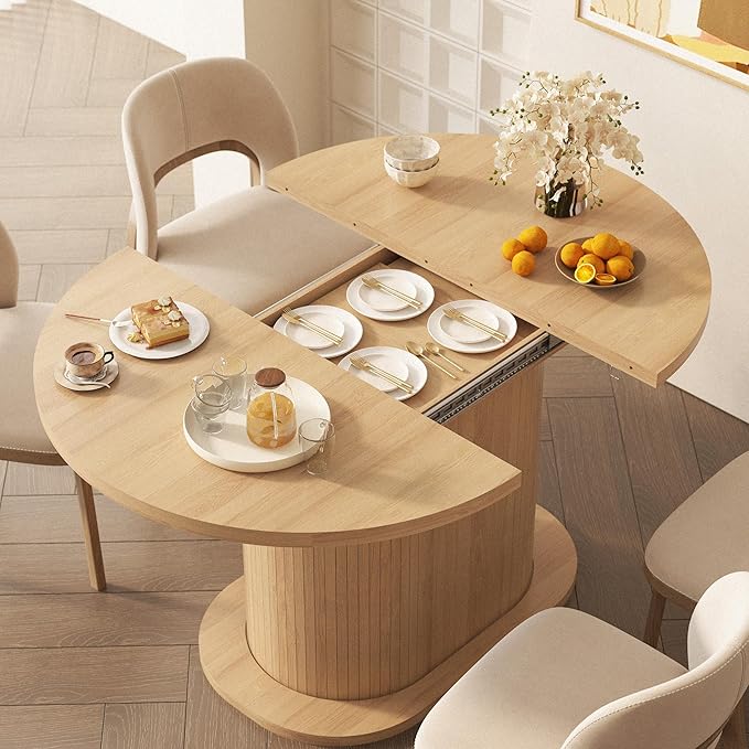 39.37"-55.12" Round Extendable Dining Table, Oval Kitchen Table with Fluted Metal Slide Door, Space-Saving Expandable Dining Table for Small Apartment & Family Use, Natural