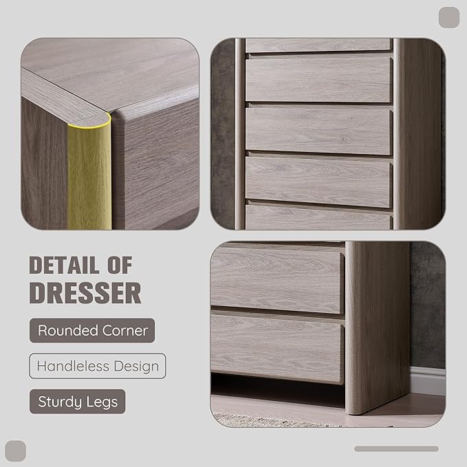 Modern 5 Drawers Dresser for Bedroom, 43" Tall Dresser & Chests of Drawers w/Rounded Corner, Wood Handleless Dresser w/Large Storage & Natural Texture for Bedroom, Living Room-Light Grey