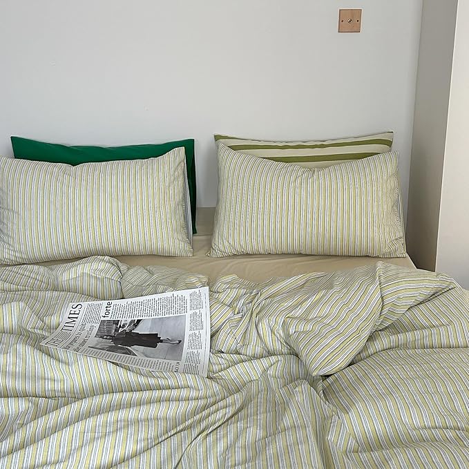 mixinni Vintage Geometric Striped Duvet Cover Set - 3 Piece 100% Washed Cotton Queen Size Bedding Set with Matching Pillowcases | Mid-Century Modern Design | Ultra Soft & Breathable-Queen Size