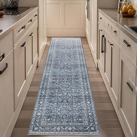 OPPODREAM Vintage Blue 2x8 Runner Rug, 2 x 8 Retro Washable Rug Non Slip, Low-Pile Faux Wool Carpet, Distressed Navy Floor Mat for Kitchen, Hallway, Entry-Way, Entrance, Indoor Back Door