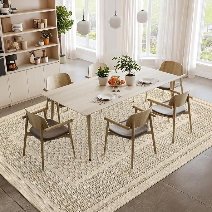 Washable Area Rug 9x12 Rug for Living Room Modern Plaid Large Area Rug for Bedroom Decor Farmhouse Non Slip Throw Rugs Low Pile Stain Resistant Carpet for Office Dining Room 9'x12' Beige