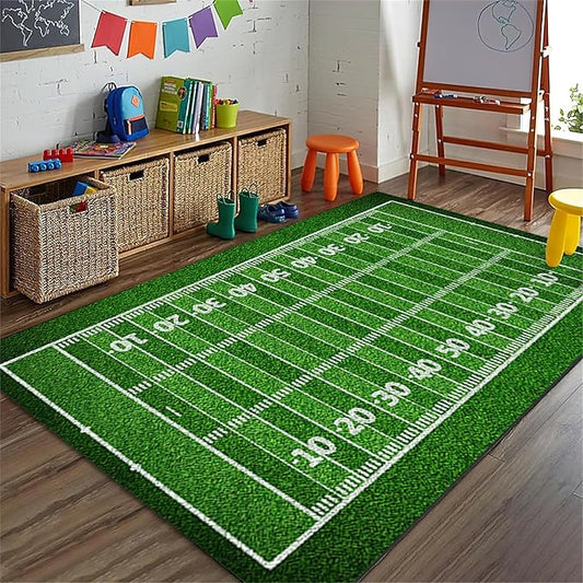 Green Football Field Area Rug, Sports Enthusiast Football Fan Non Slip Throw Rug, Machine Washable Durable Carpet for Indoor Bedroom Living Room Office Decor Rug - 5 ft x 7 ft