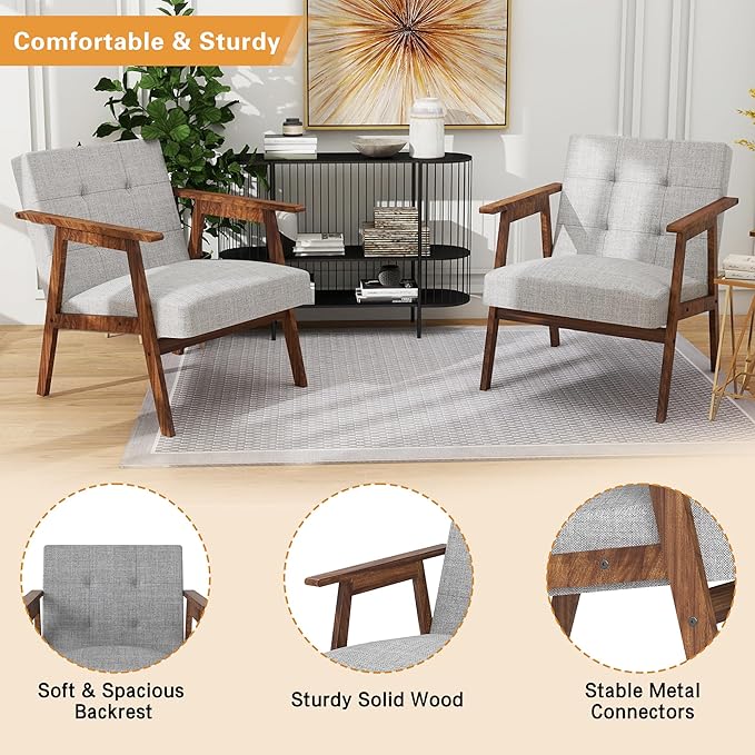 Mid Century Modern Armchair, Upholstered Fabric Lounge Chair with Walnut Finish Frame for Living Room, Comfortable Sofa Chair in Gray