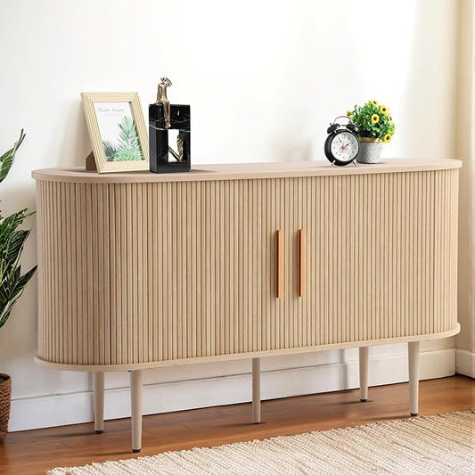 Grepatio 55" Sideboard Buffet Cabinet with Fluted Slide Doors, Tambour Storage Cabinet with Shelves, Modern Credenza Sideboard Buffet Console Cabinets for Living Room Hallway Entryway (Natural)