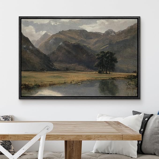 MUDECOR Framed Canvas Print Wall Art Rustic Country Mountain Range Landscape Nature Wilderness Antique Retro Fine Art Shapes Illustrations Decorative Colorful Multicolor for Bedroom - 24"x36" Black