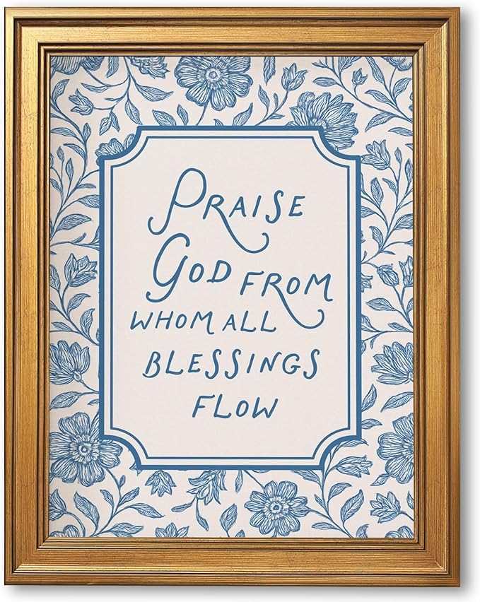Framed Vintage Christian Wall Art Praise God From Whom All Blessings Flow Poster Light Blue Floral Scripture Print Retro Bible Verse Canvas Painting for Home Faith Based Decor 16x24inch