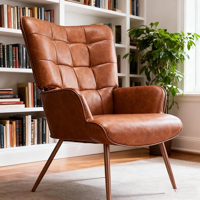 Kosydown PU Leather Accent Chair, High Back Wingback Chair, Comfortable Single Seating, Elegant Tufted Accent Chair for Living Room, Bedroom, Office, Reading Room, Brown