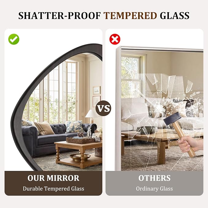 HOMECOOKIN 25" H x 20" W Asymmetrical Mirror, Irregular Wooden Wall Mirror for Bedroom, Living Room,Entryway– Mid-Century Modern Decorative Mirror, Solid Wood Frame, Pebble Shaped Design (Dark Brown)