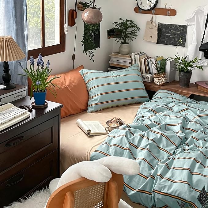 mixinni Retro Mint Blue Striped Duvet Cover Set - 100% Natural Cotton 3-Piece Vintage Stripes Pattern Printed Bedding Set, Soft Breathable Comforter Cover with Zipper Closure & Corner Ties, Twin Size